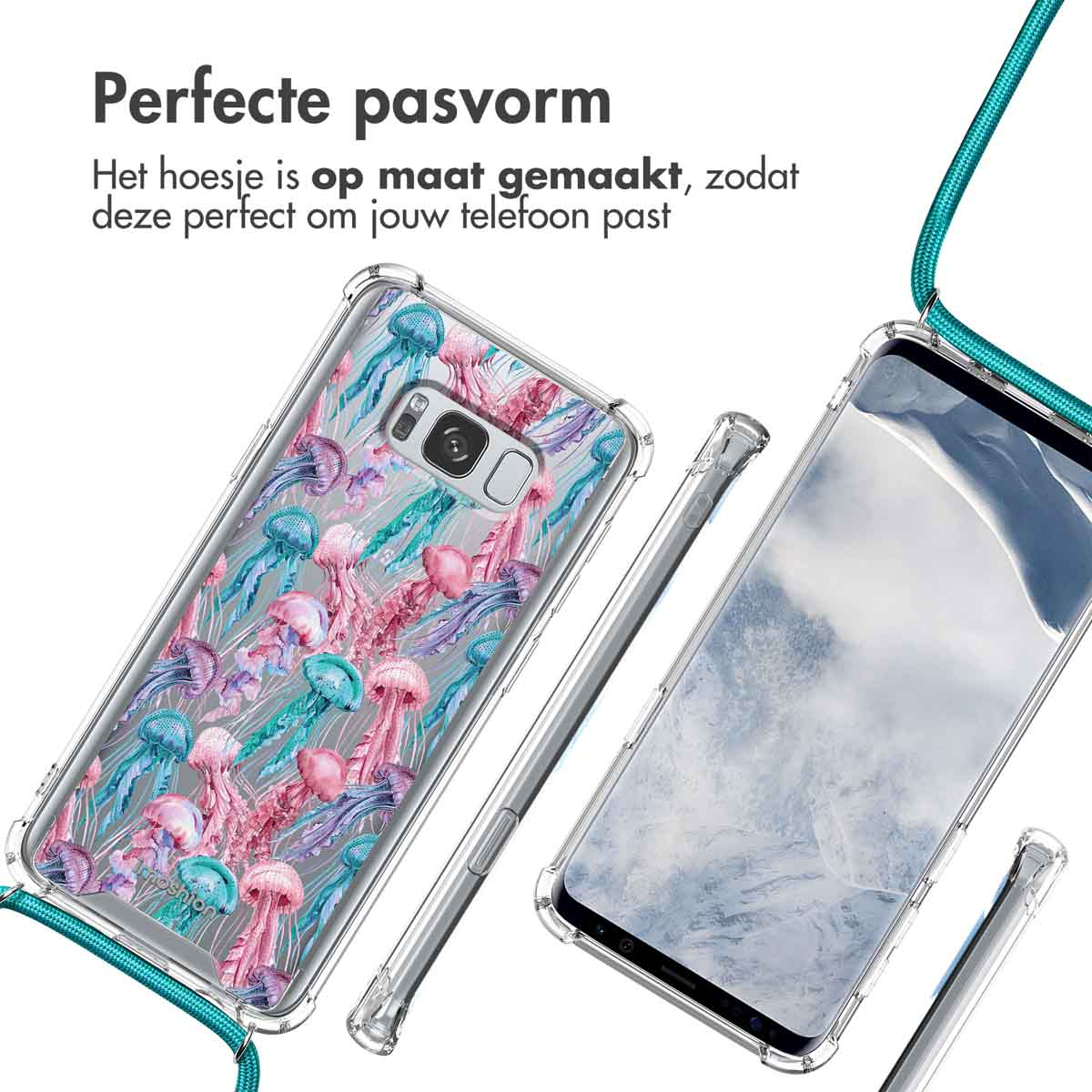 Deux coques de téléphone avec un motif de méduses, reliées par un cordon.