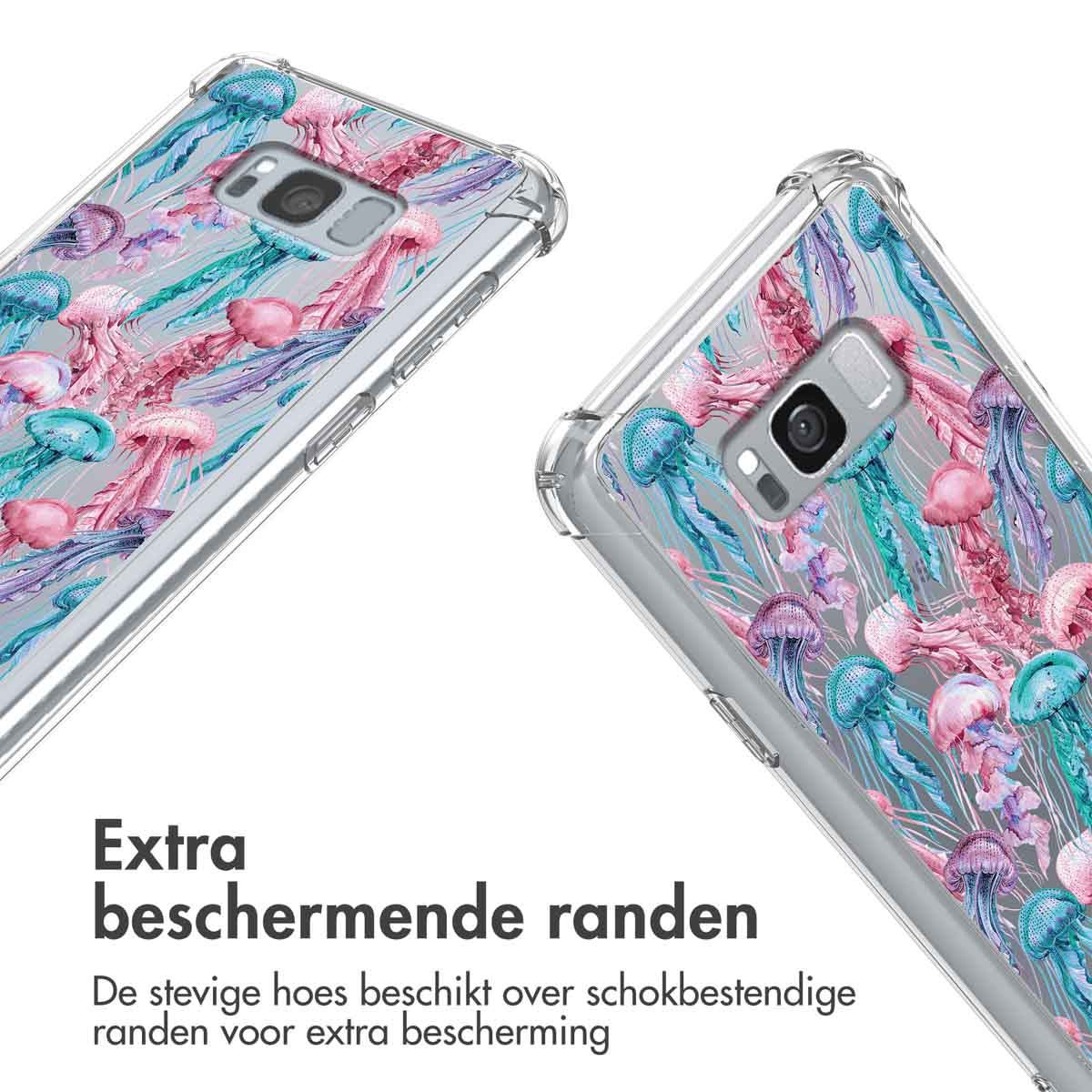 Deux coques de téléphone, transparentes avec motif méduses. Méduses roses, turquoise et violettes. Inclinées.