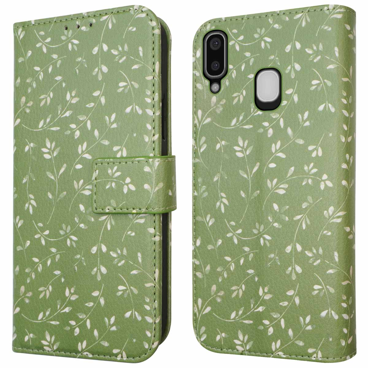 Groene telefoonhoes met wit bladerpatroon, open om de telefoon te laten zien.