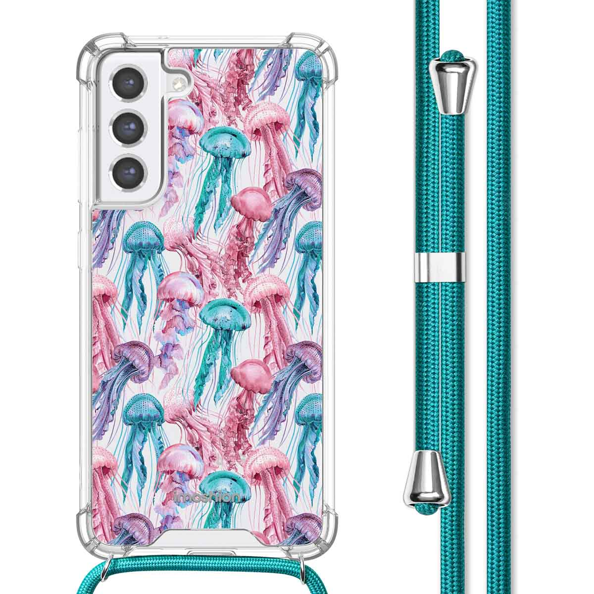 Transparant telefoonhoesje met een patroon van kleurrijke kwallen en een turquoise koord.