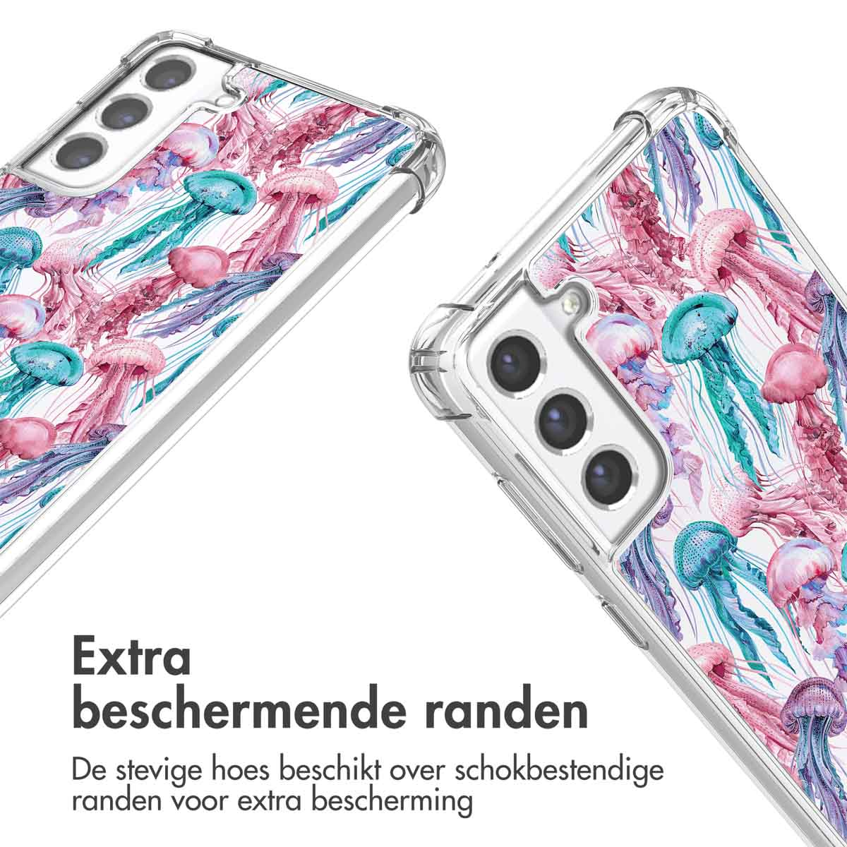 Telefoonhoesje met kwallenontwerp. Twee hoesjes met verschillende aanzichten worden getoond.
