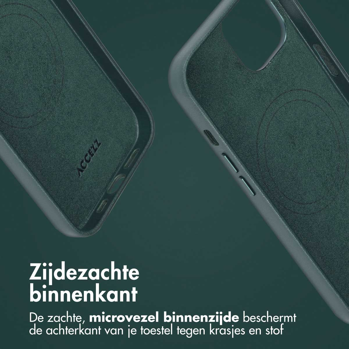 Interieur van telefoonhoesje, donkergroene kleur. De hoes heeft een zachte microvezel binnenkant.