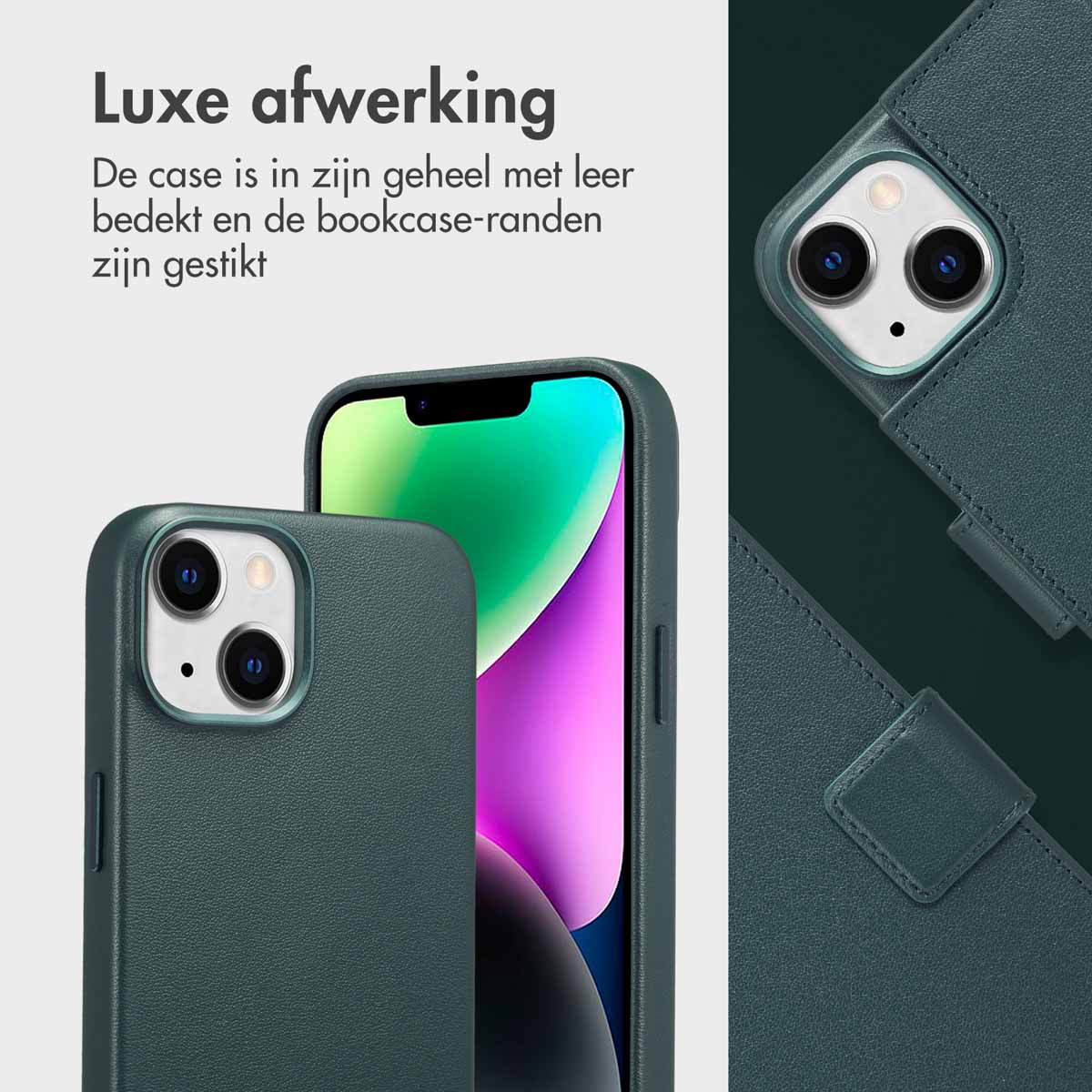Groene telefoonhoes met telefoon, close-up van de hoes en de telefoon. Tekst over de hoes.