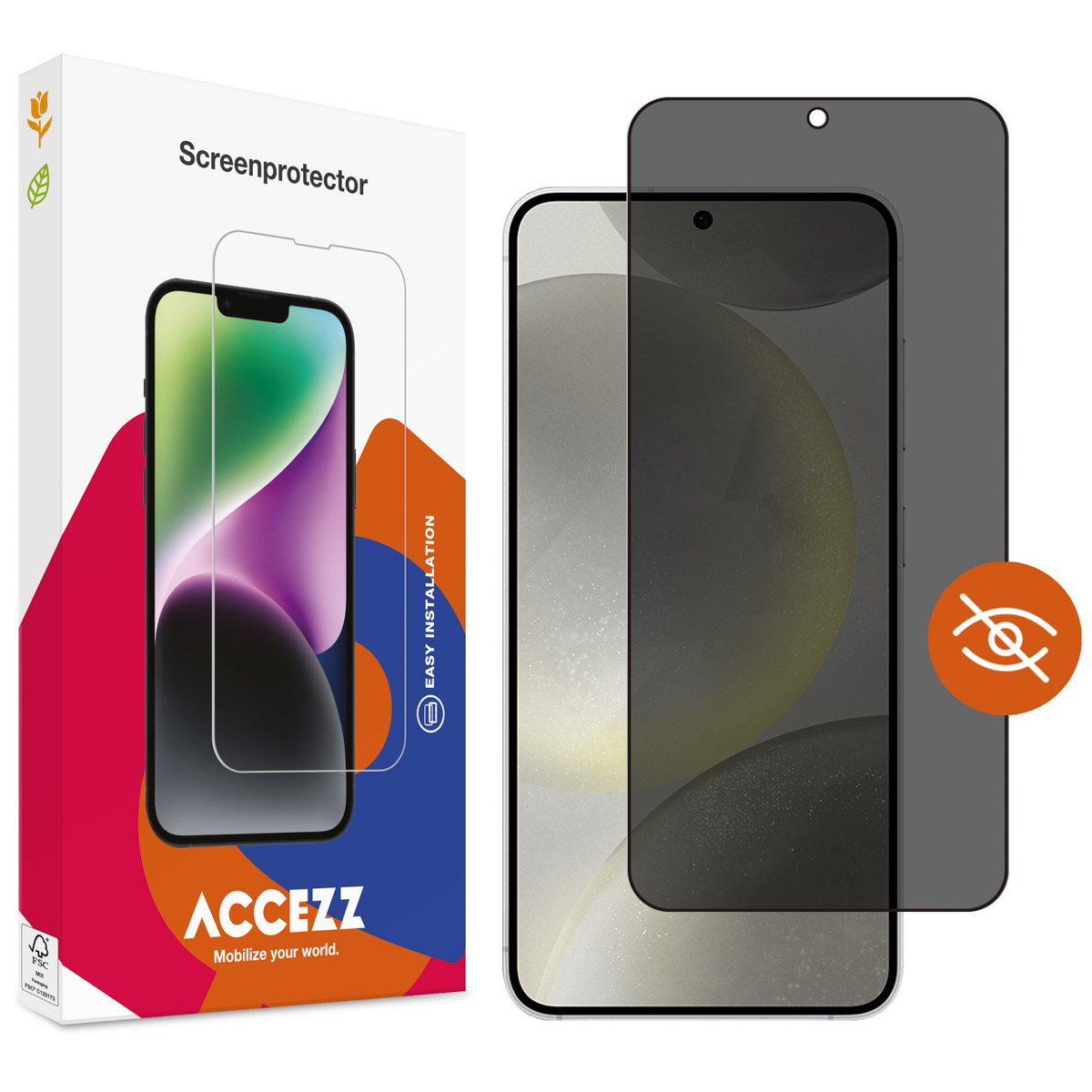 Protecteur d'écran pour téléphone avec téléphone et boîte. Le protecteur est clair, la boîte est colorée.