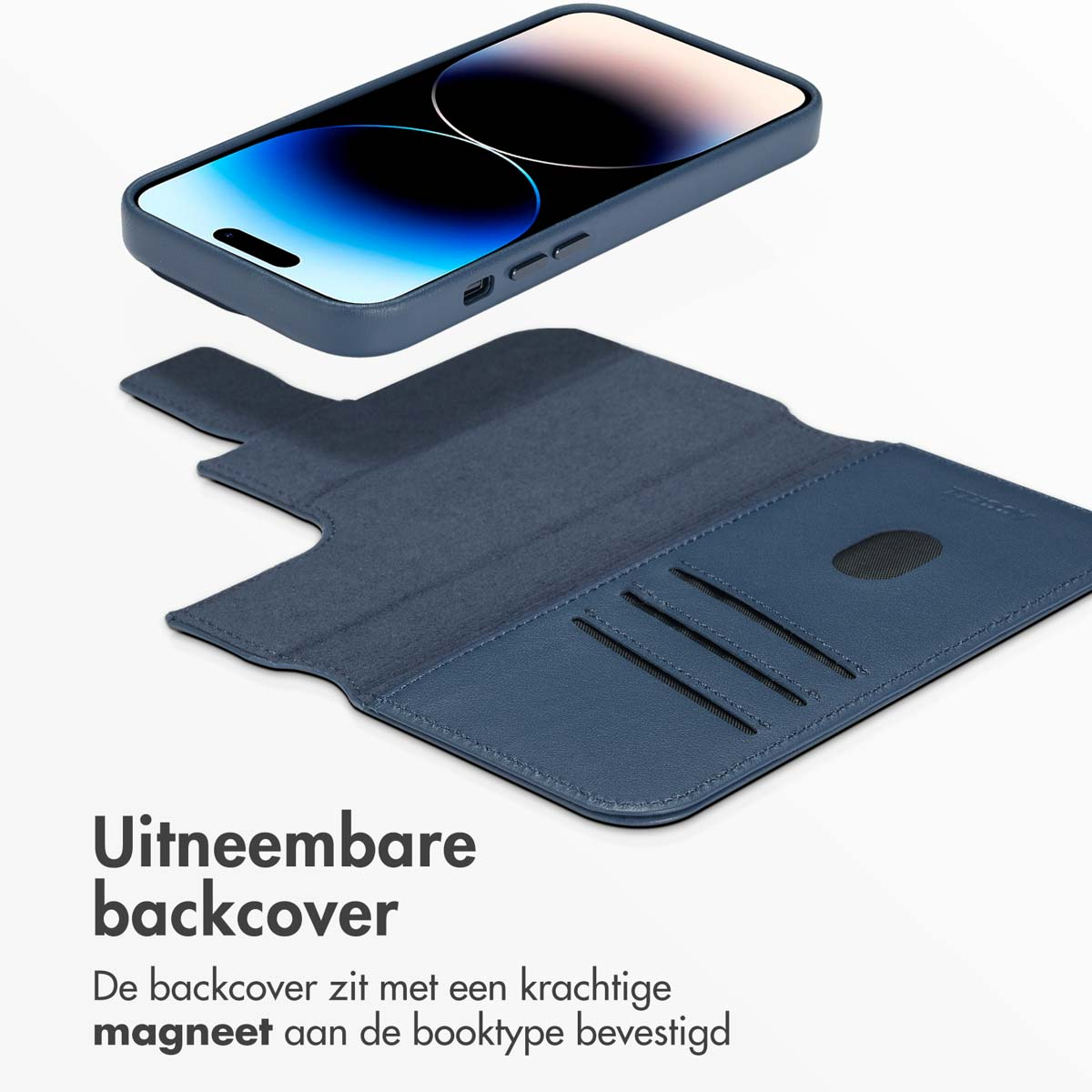 Custodia per telefono con telefono. Testo: Cover posteriore rimovibile La cover posteriore è fissata al tipo libro con un potente magnete.