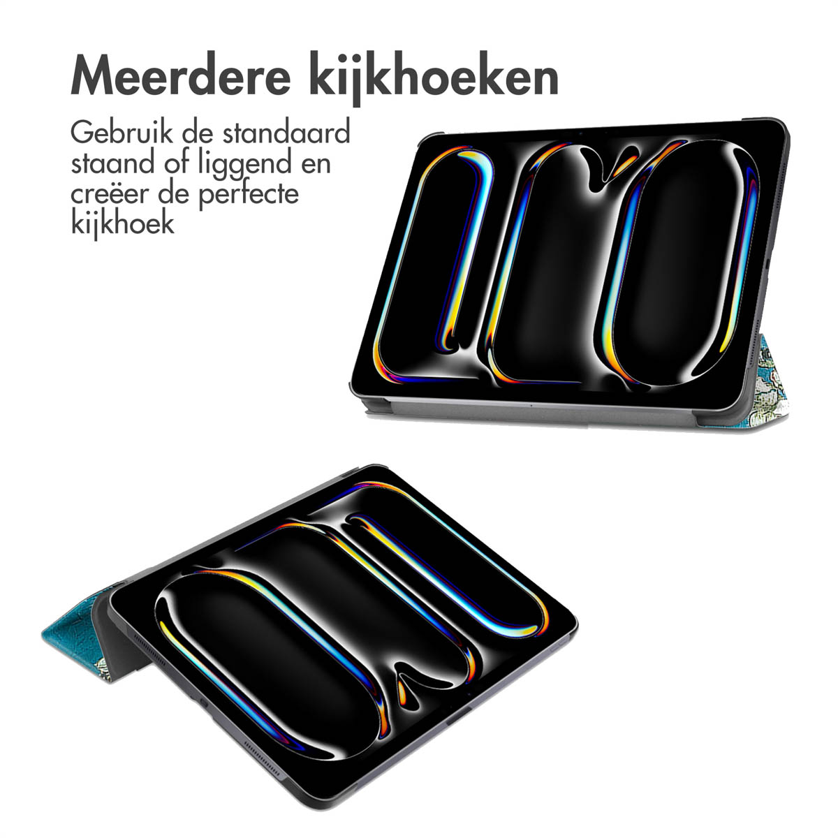 Tablets with cases. Text: Multiple viewing angles. Use the standard standing or lying.
