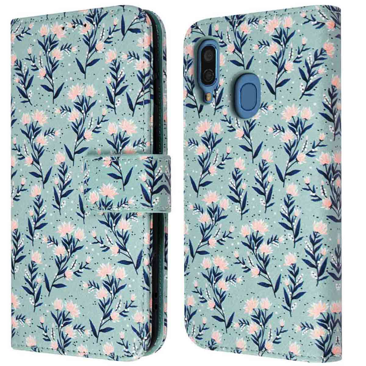 Telefoonhoes met bloemenontwerp. De telefoon zit in de hoes.