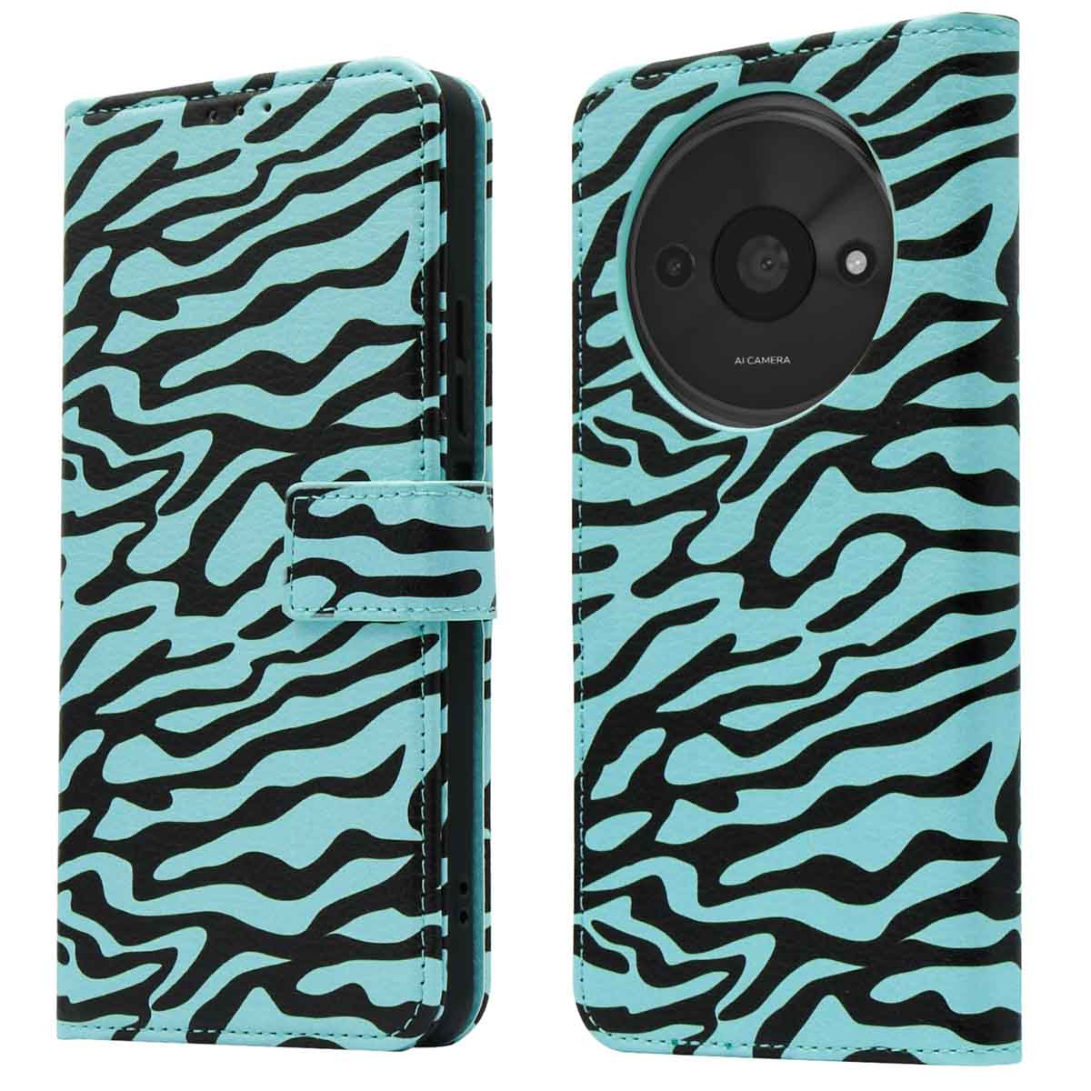Telefoonhoesje met zwart-blauwe zebra strepen, open en dicht.