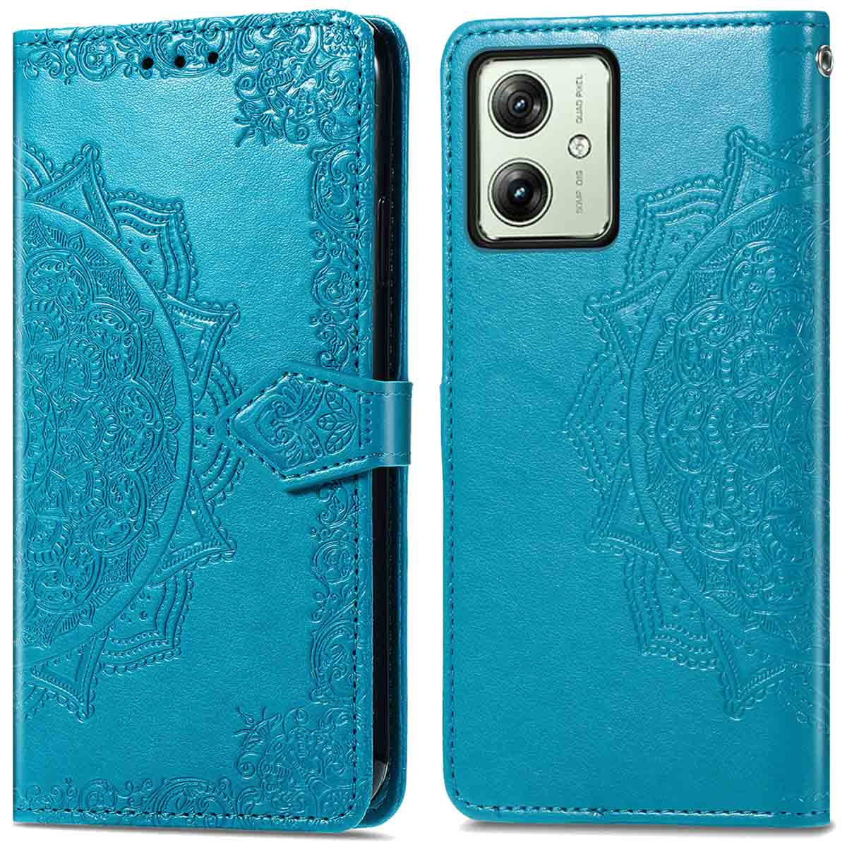 Blauwe telefoonhoes met mandala-ontwerp, open en gesloten. Met magneetsluiting en camera-uitsparing.