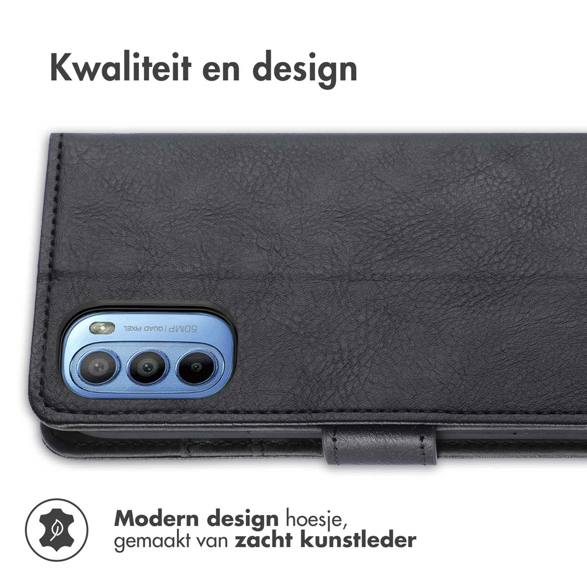 Zwarte telefoonhoes met camera en tekstoverlay.