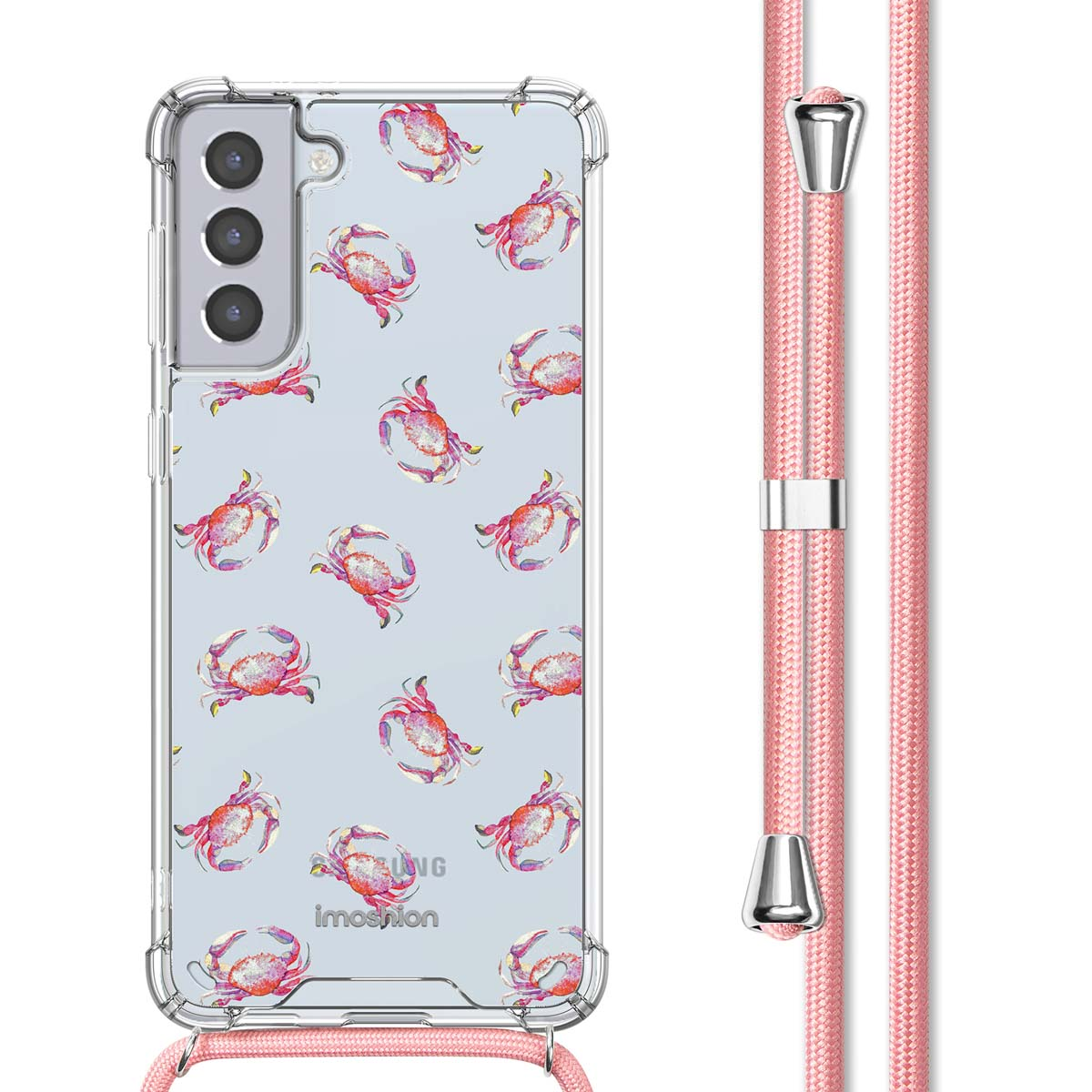 Transparante telefoonhoes met roze krabontwerp en een roze telefoonriem, witte achtergrond.