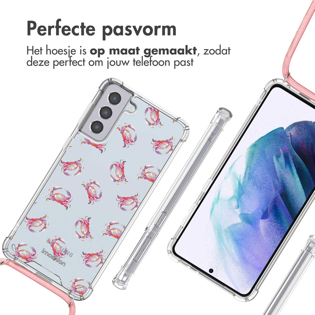Een telefoonhoesje met een krabontwerp en een roze touw. De telefoon zit in de hoes.