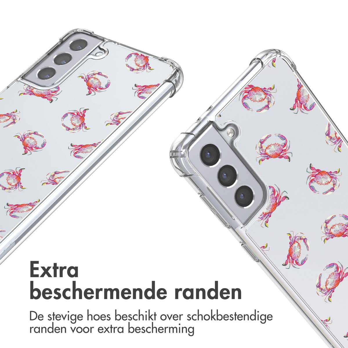 Transparante telefoonhoesjes met krabpatroon. De hoesjes hebben extra beschermende randen.
