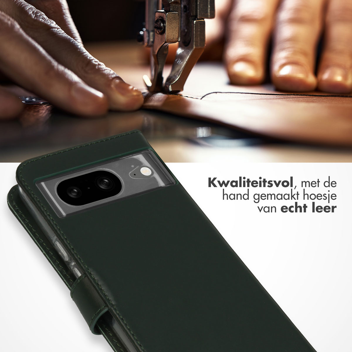 Handen die leer naaien met een machine. Groene telefoonhoes met een telefoon. Tekst zegt dat het van echt leer is.