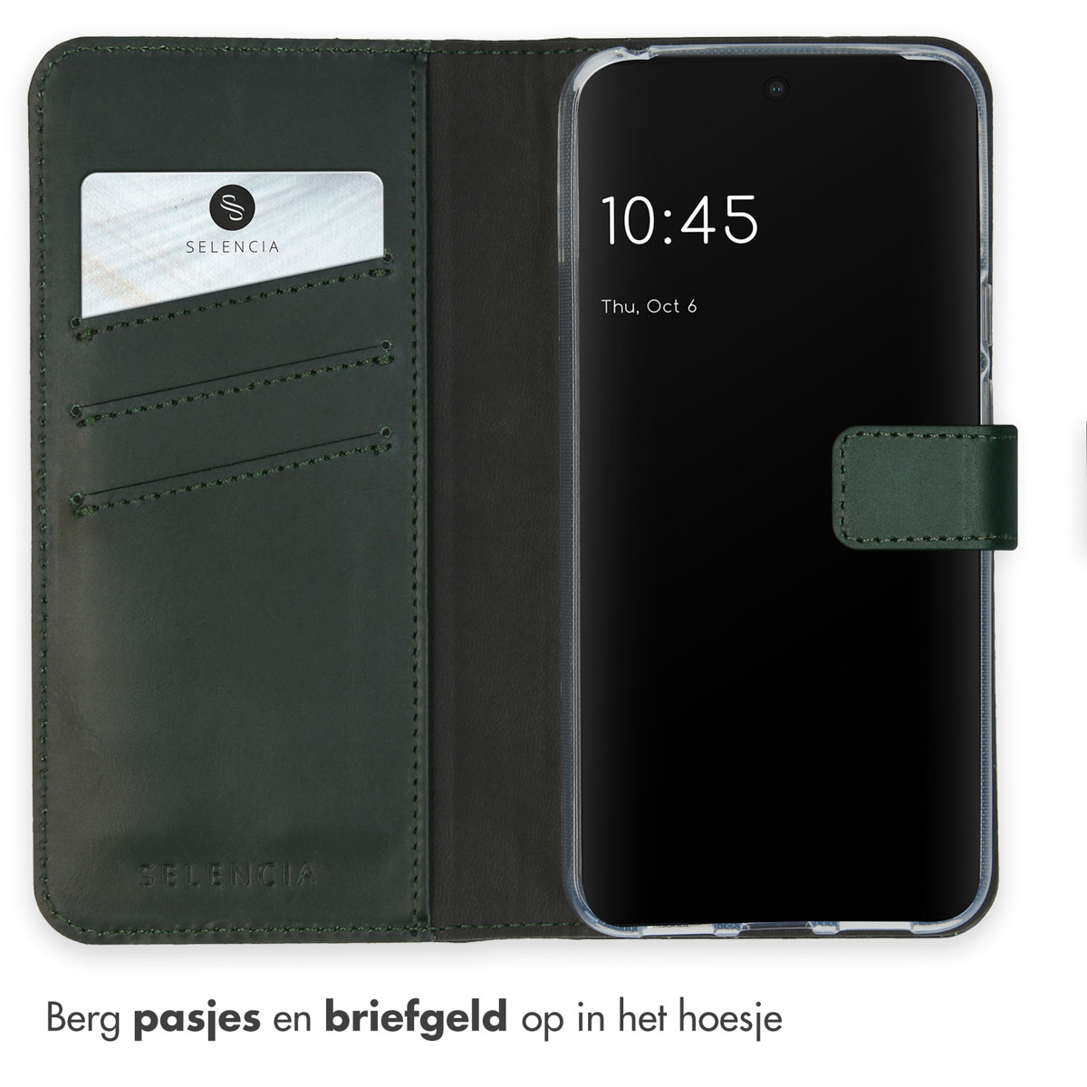 Donkergroene telefoonhoes met telefoon, toont tijd en datum op het scherm.