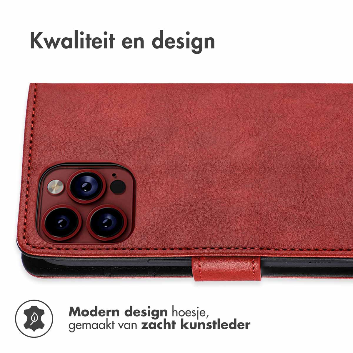 Rote Handyhülle mit Telefon. Die Hülle hat eine Klappe. Die Hülle ist aus Leder.