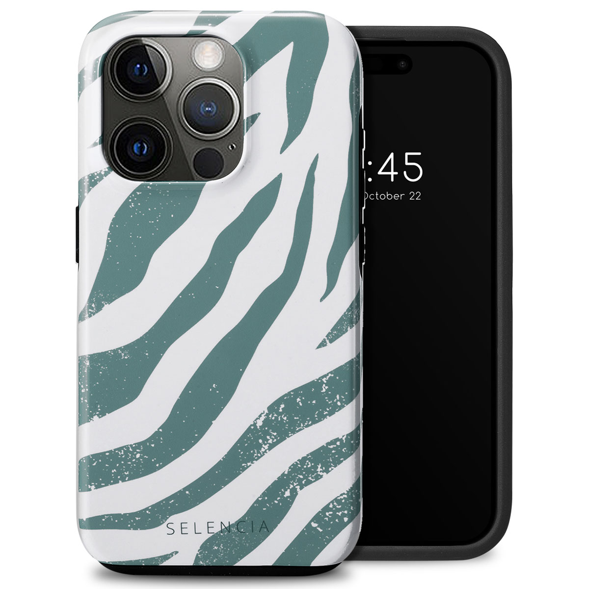 Telefoon in zebra-patroon hoesje. Tijd 10:45, 22 oktober. Tekst: SELENCIA.