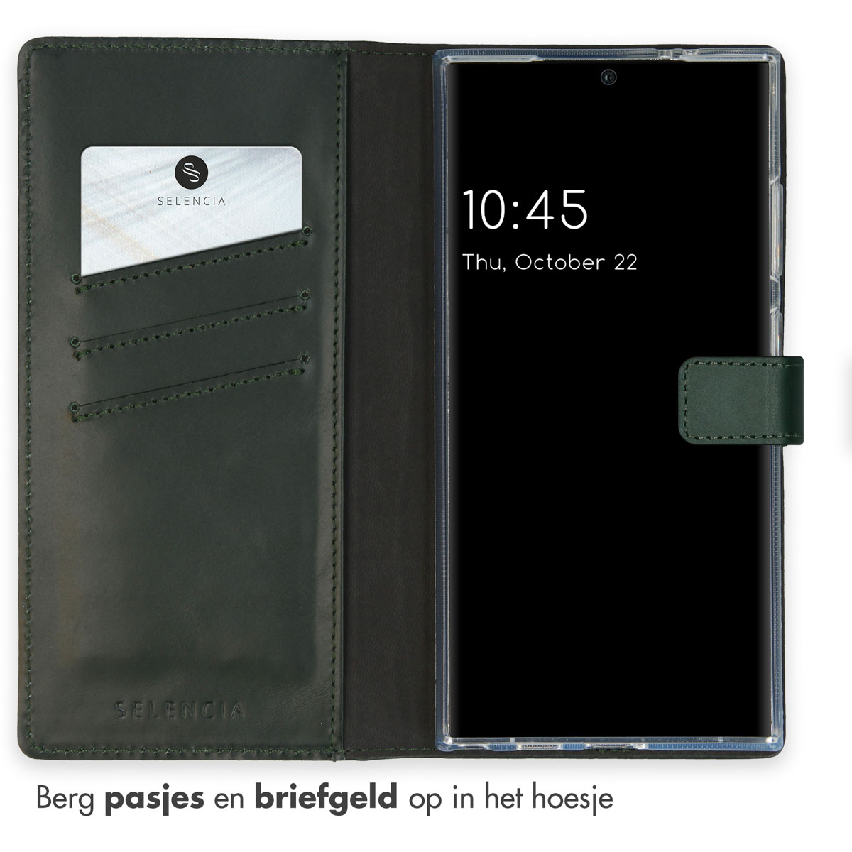 Offene Handyhülle mit Handy und Karte. Dunkelgrüne Farbe.