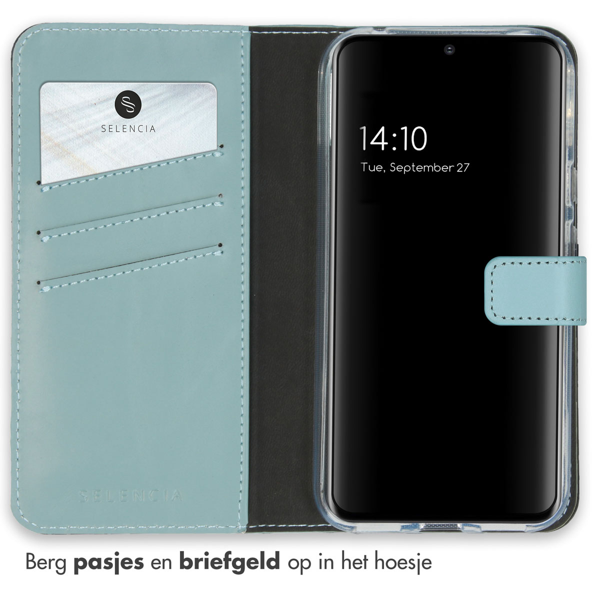 Telefoonhoes open met een telefoon. Toont kaartsleuven en geldvakken. De telefoon toont de datum.
