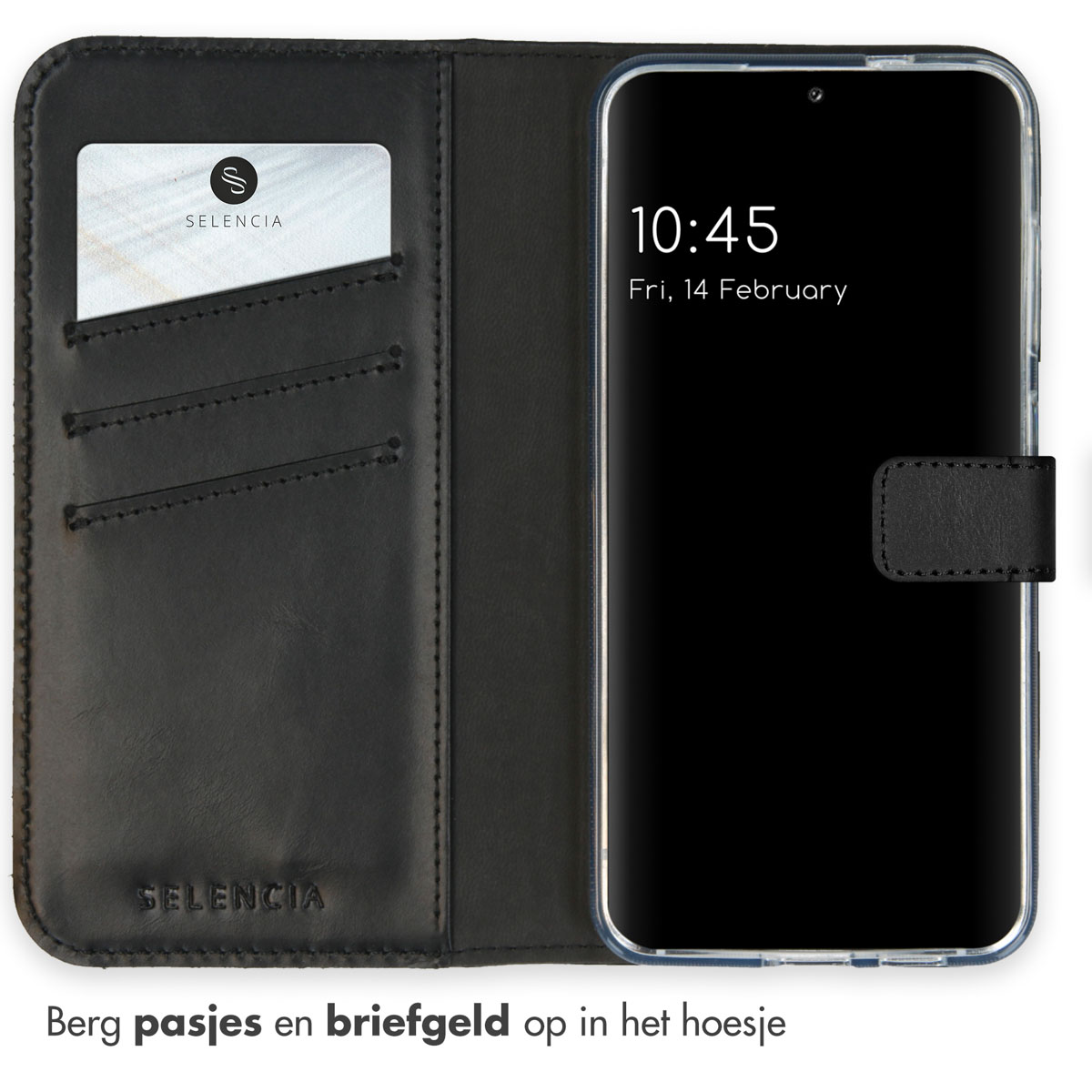 Zwarte leren telefoonhoes, open om een telefoon en een kaartsleuf te onthullen.