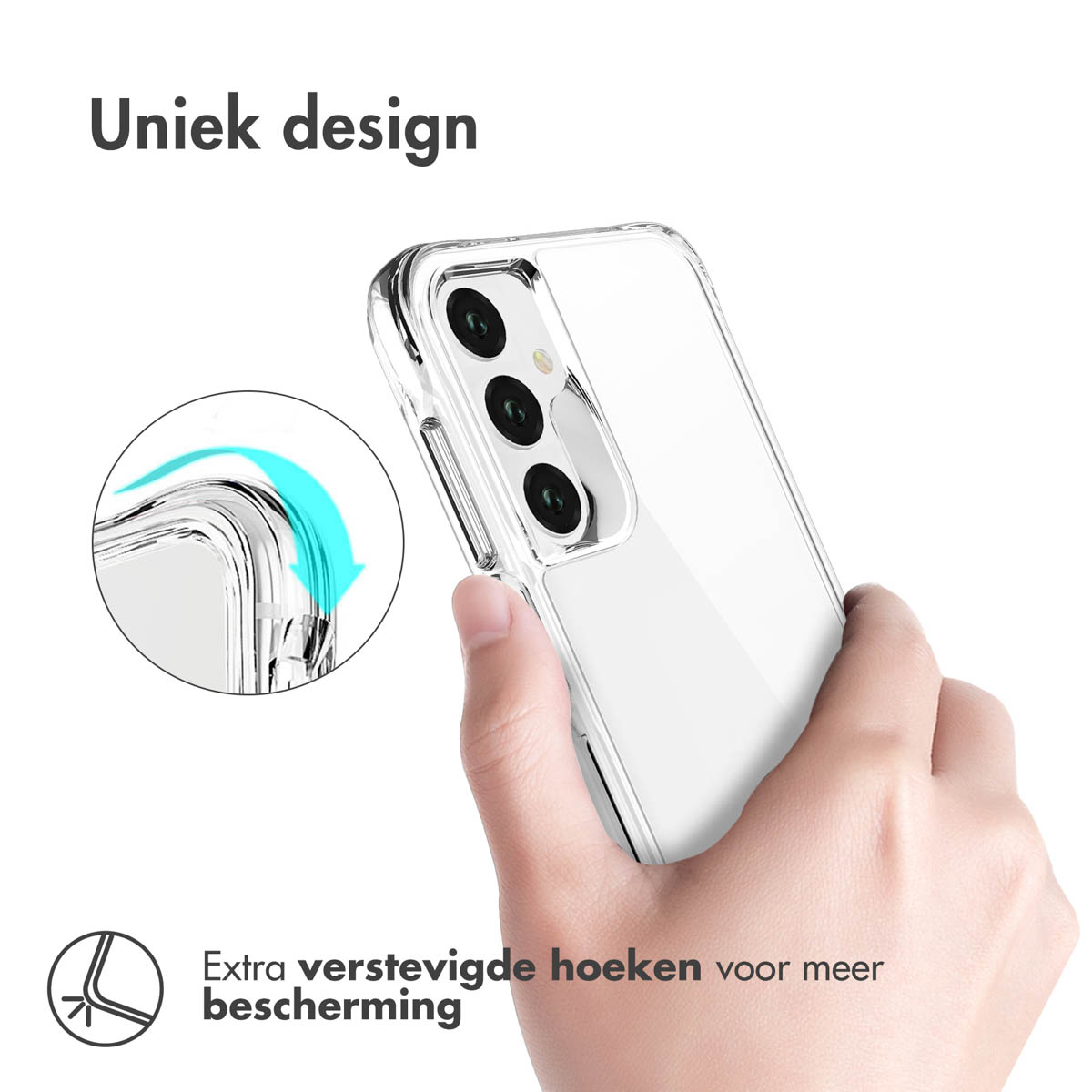 Coque de téléphone transparente tenue par une main, mettant l'accent sur les coins renforcés.