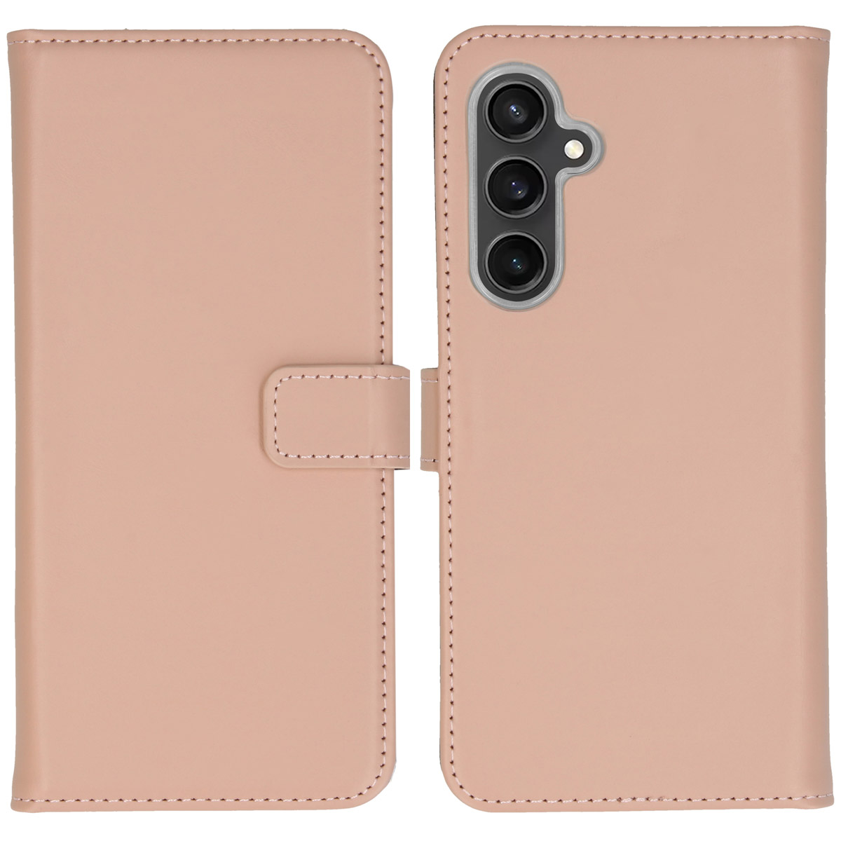 Un portefeuille de coque de téléphone rose. L'étui est ouvert, avec le téléphone à droite. Il a un bouton.