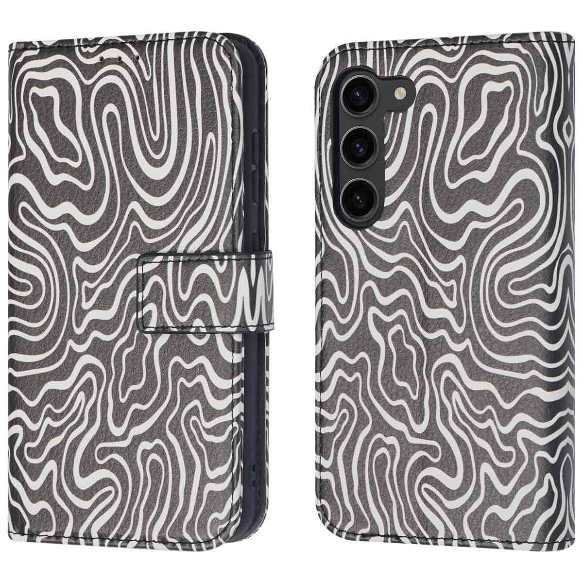 Telefoonhoesje met een zwart-wit zebrapatroon. Hoes is gesloten, toont het ontwerp aan beide zijden.