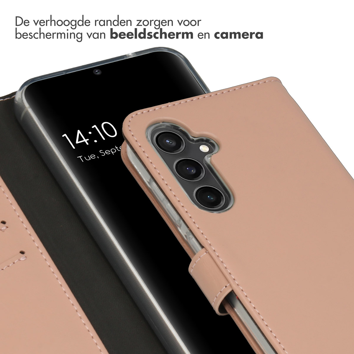 Gros plan d'un téléphone dans un étui rose. L'écran affiche l'heure.
