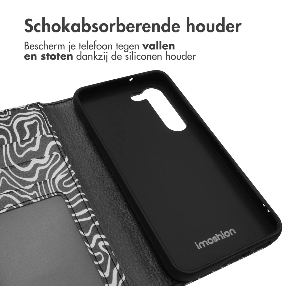 Zwarte telefoonhoes open om de binnenkant te onthullen.