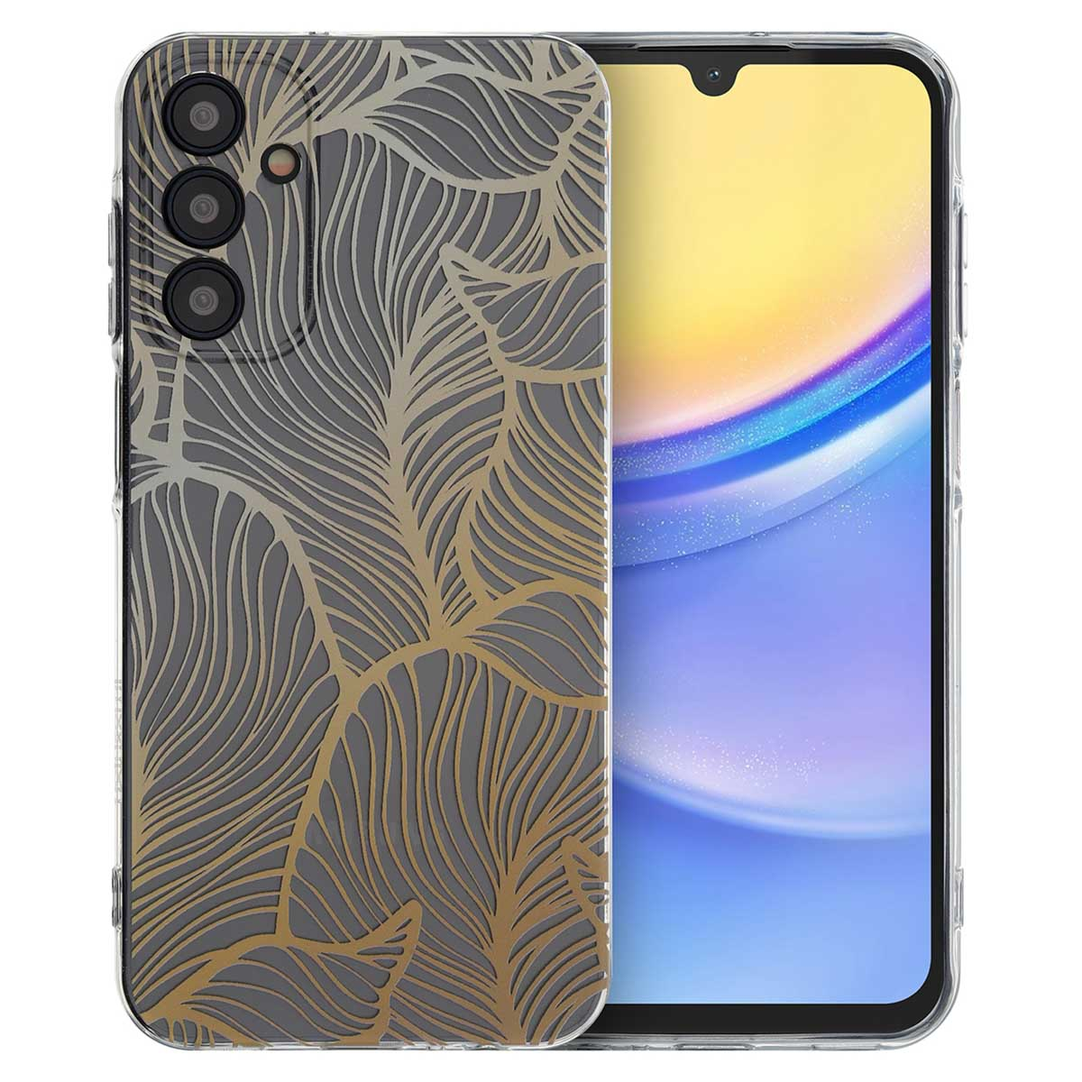 Een telefoonhoesje met een grijs en goud bladpatroon wordt getoond, samen met de telefoon die het beschermt.