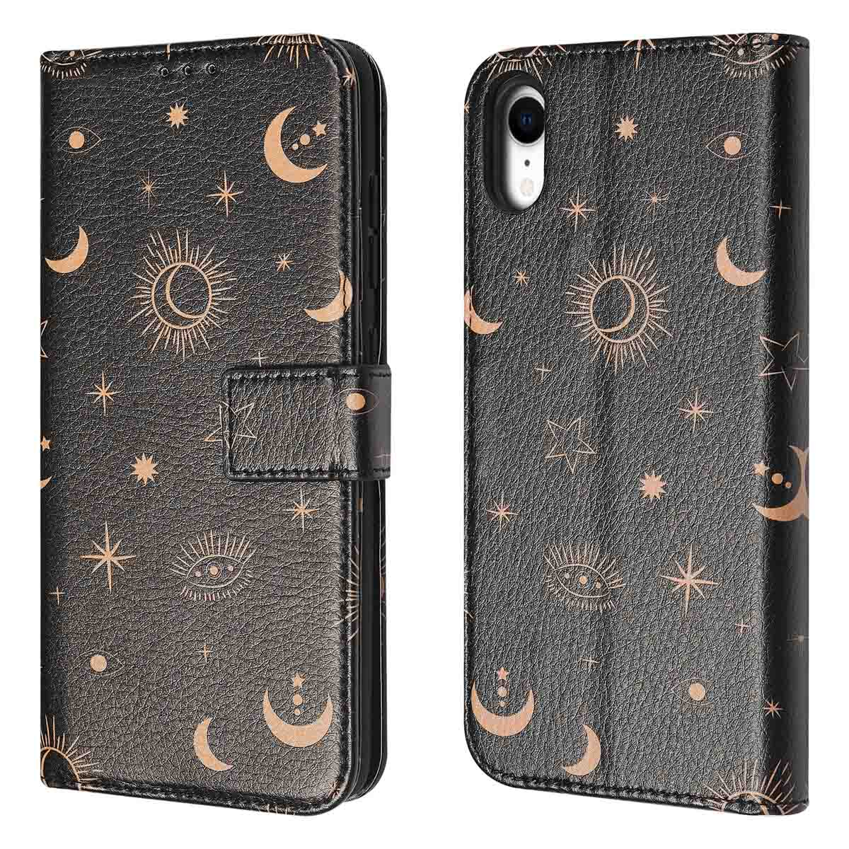 Coque de téléphone noire avec des symboles célestes dorés. Ouverte pour montrer le téléphone.