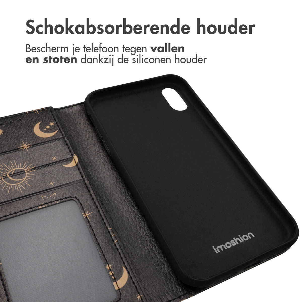 Coque de téléphone noire ouverte pour révéler le design intérieur.