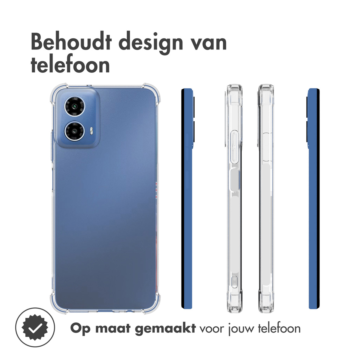 Telefono in una custodia trasparente, che mostra il design del telefono. Viste laterali della custodia.