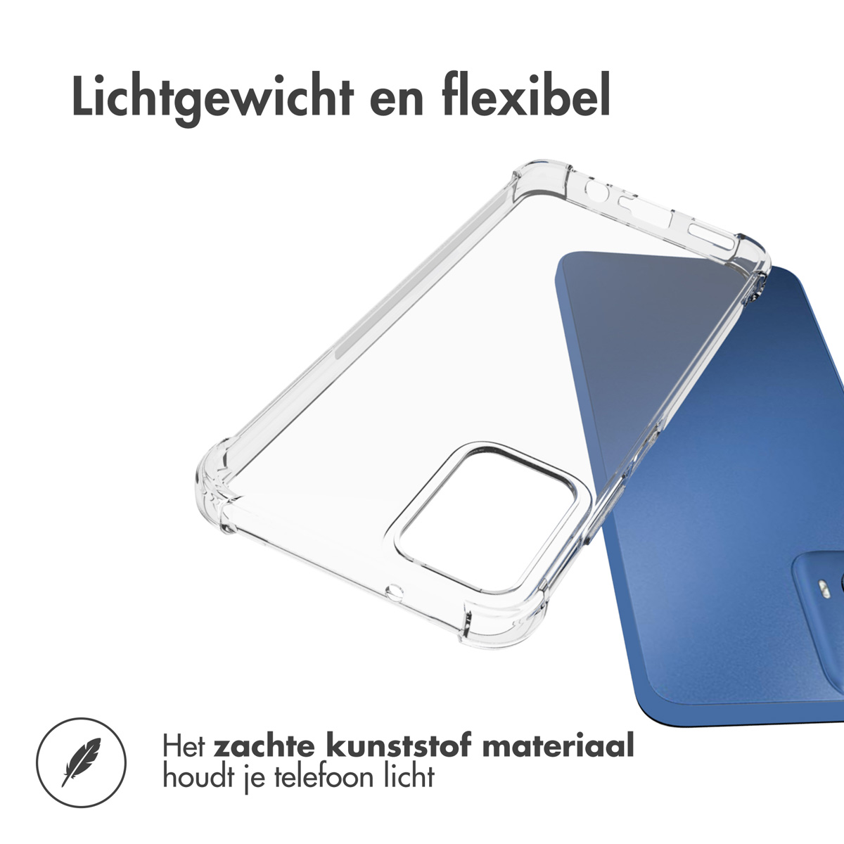 Custodia trasparente per telefono su un telefono blu. La custodia è trasparente.
