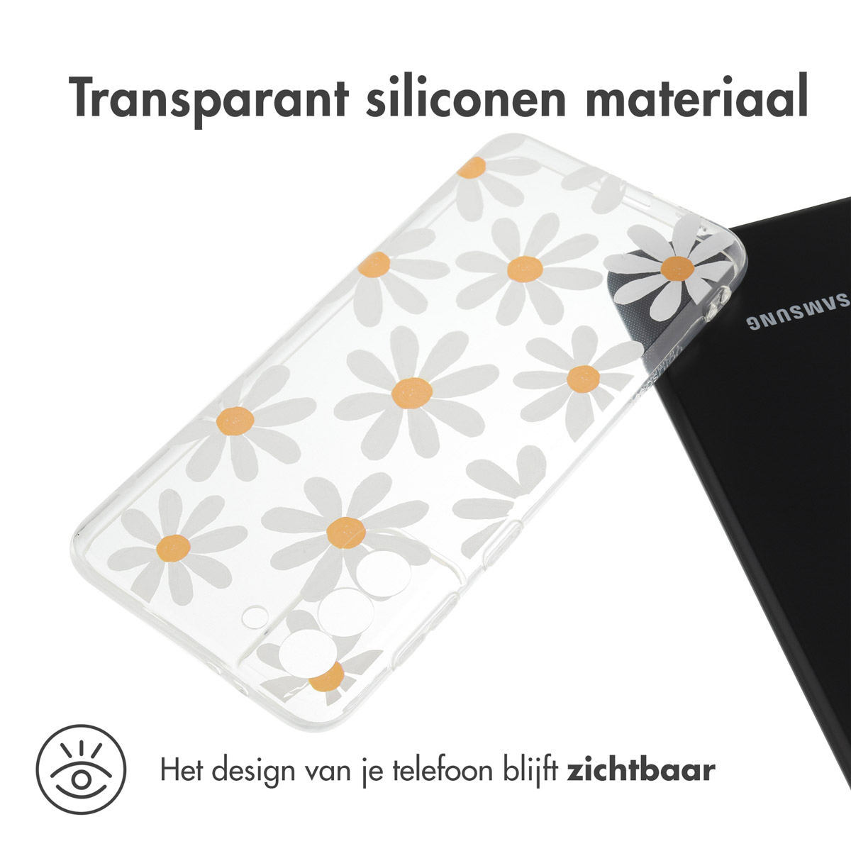 Een doorzichtig telefoonhoesje met witte madeliefjes wordt getoond. Een zwarte telefoon staat erachter.