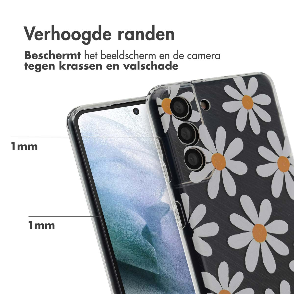 Telefoonhoesje met witte madeliefpatroon op zwart. Beschermhoes met opstaande randen en helder scherm.