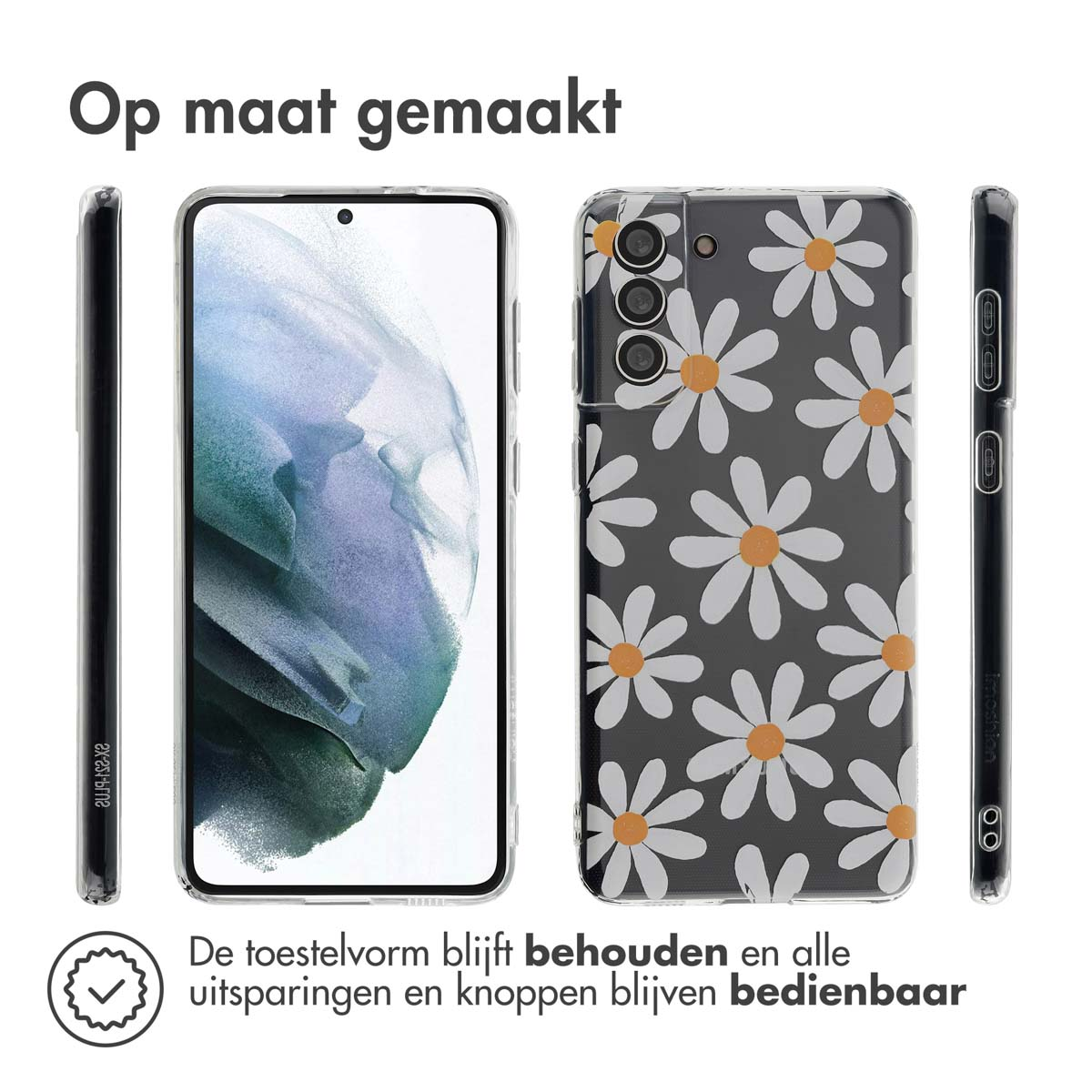 Transparante telefoonhoes met wit madeliefpatroon. Telefoon en hoes worden vanuit verschillende hoeken getoond.