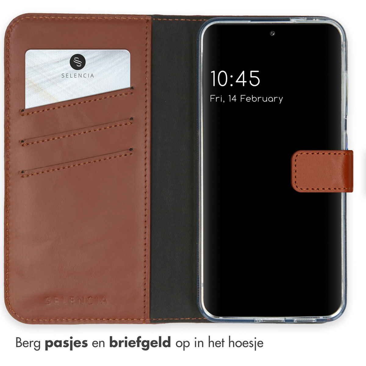 Bruine telefoonhoes met telefoon, kaart en zwarte achtergrond.