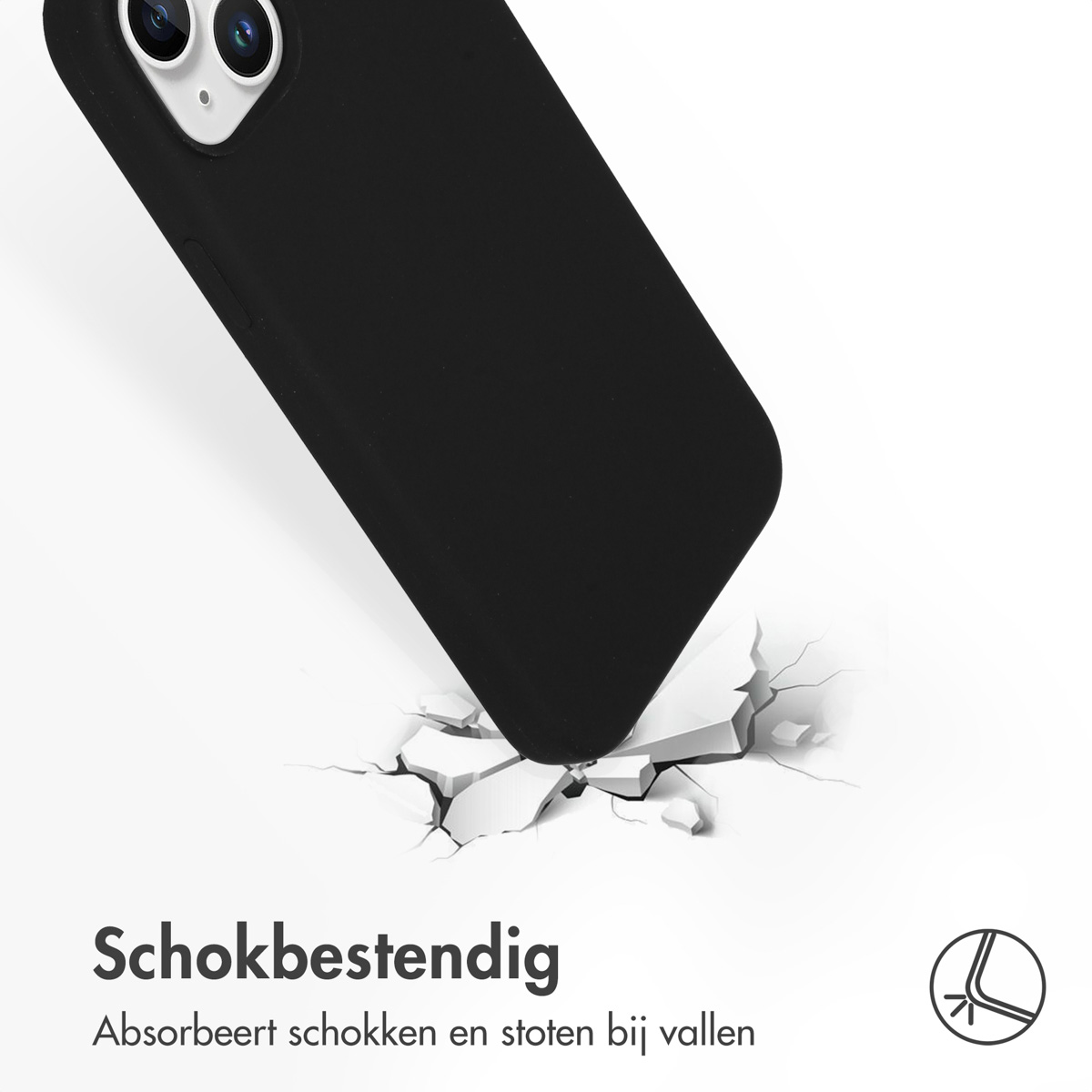 Coque de téléphone noire impactant le sol, se fissurant. Symbole de résistance aux chocs.