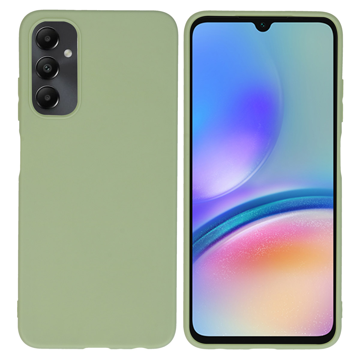 Een groene telefoonhoes met een groene telefoon. De telefoon staat rechts en is effen van kleur.