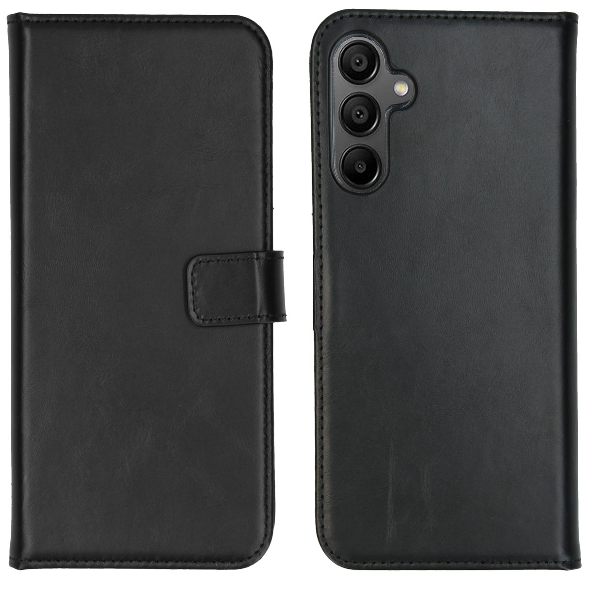 Étui de téléphone noir, ouvert et fermé. L'étui ouvert montre la caméra du téléphone.