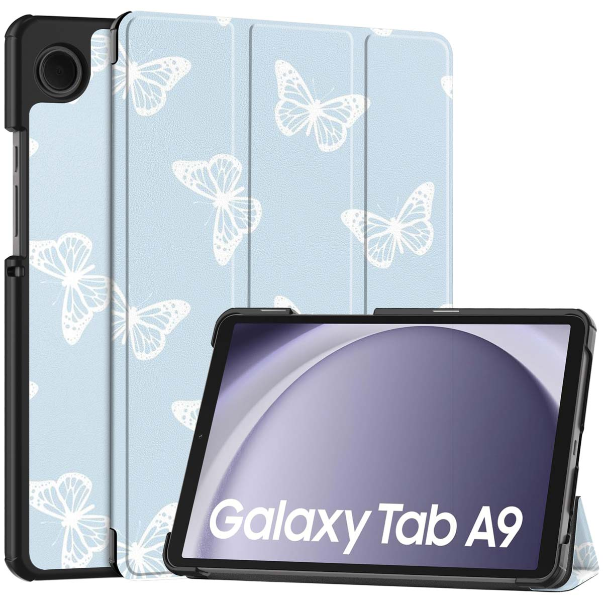 Een tablet in een lichtblauwe hoes met witte vlinders.