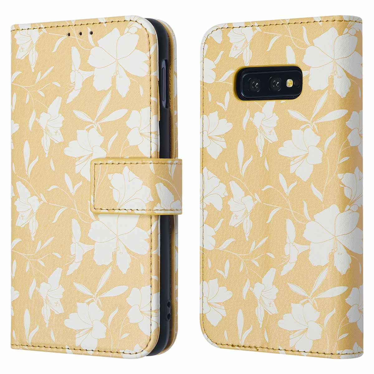 Coque de téléphone jaune avec motif floral blanc, ouverte et fermée.