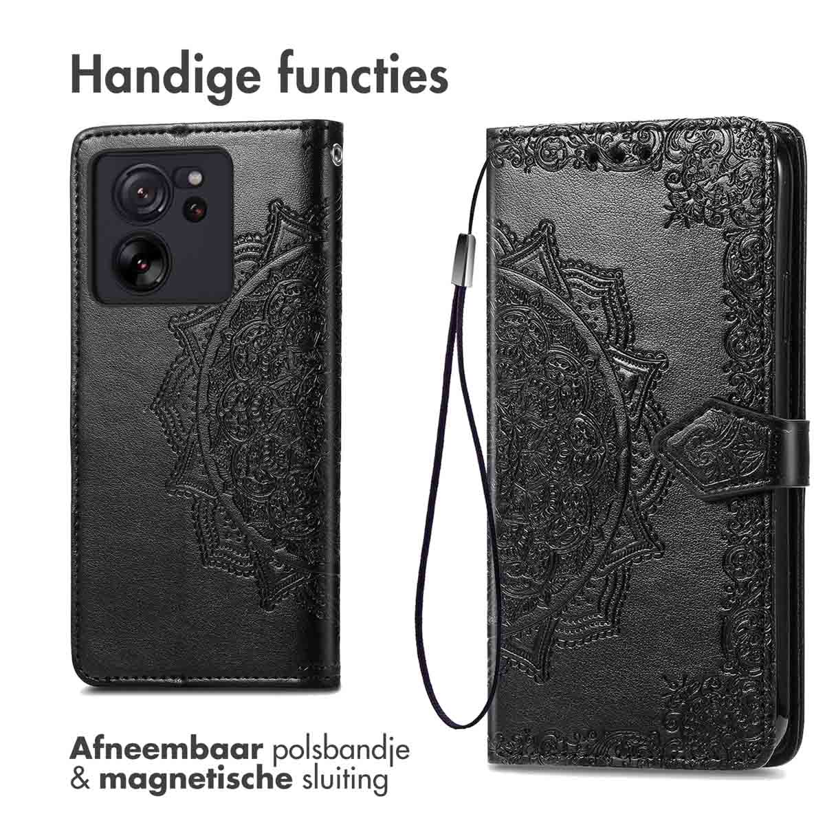 Zwarte telefoonhoes met een mandala-ontwerp en een afneembare polsband, met telefoon erin.