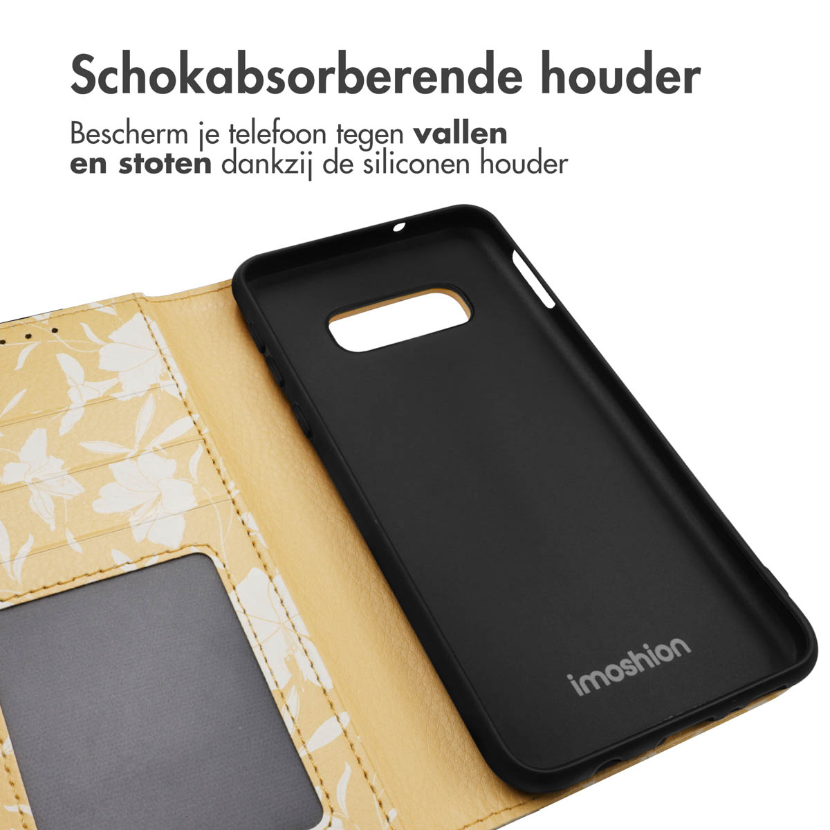 Un portefeuille de coque de téléphone avec une coque noire à l'intérieur. Le portefeuille a un motif floral et une fenêtre transparente.