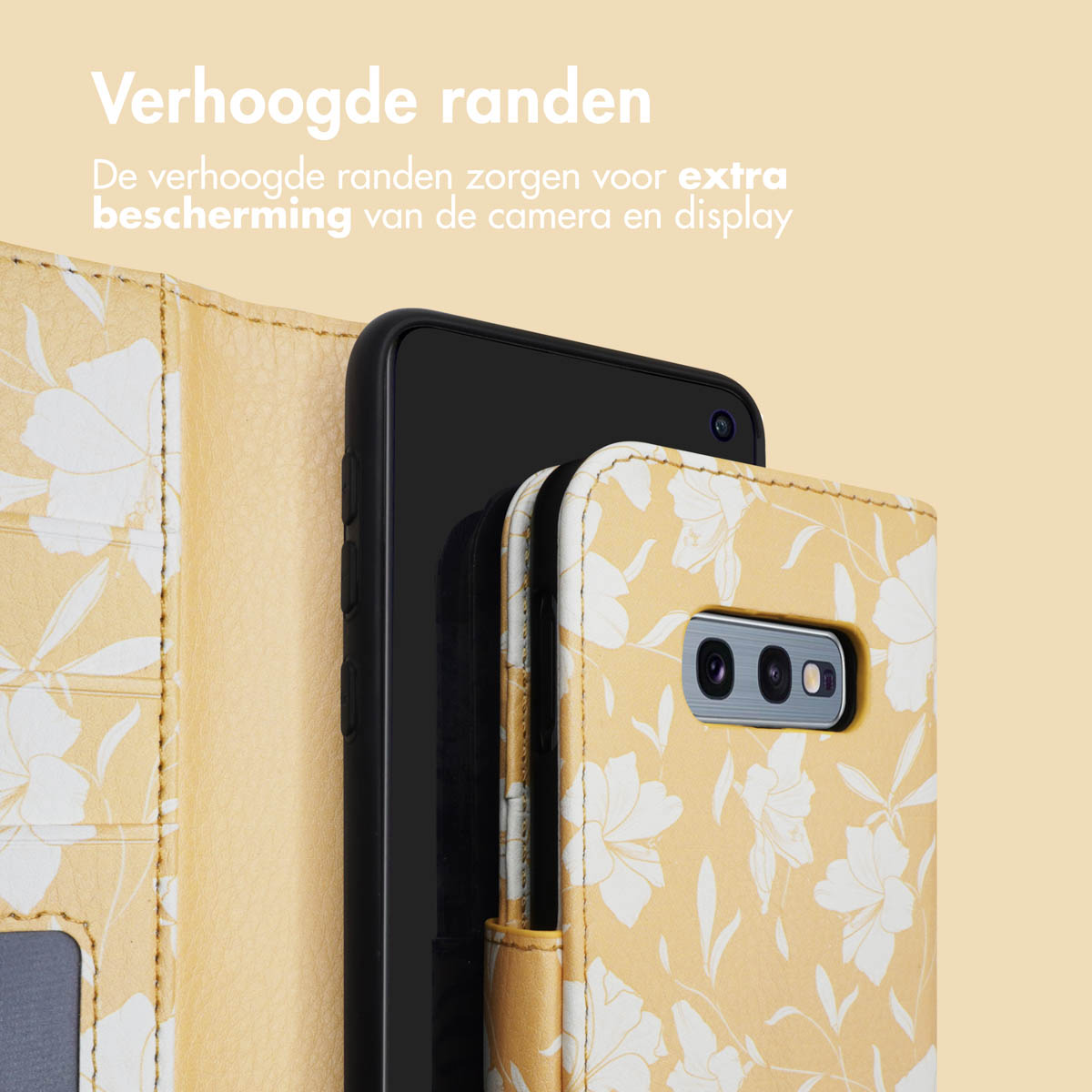 Coque de téléphone jaune avec motif floral blanc. Le téléphone et la coque sont sur un fond brun clair.