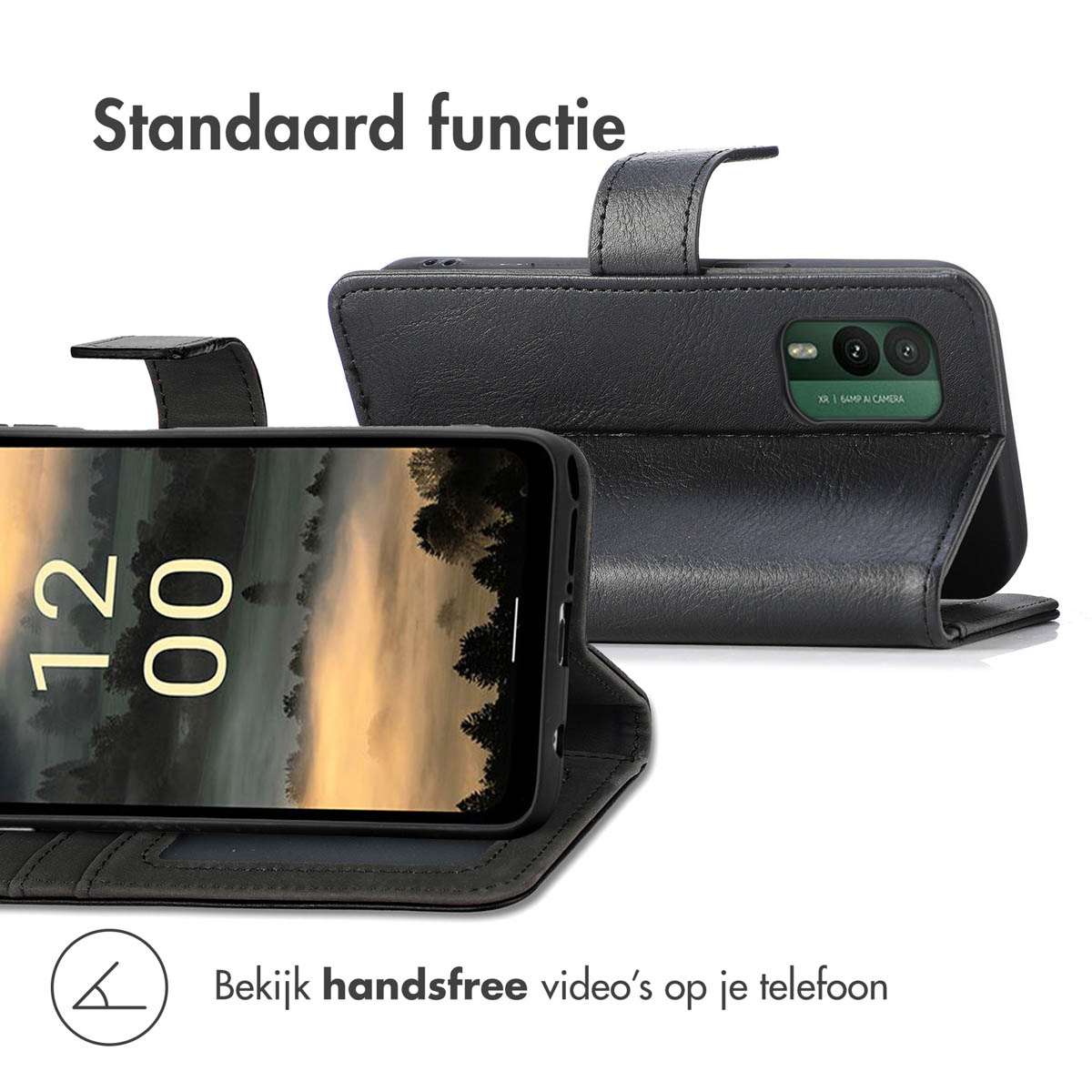 Schwarze Handyhülle mit Telefon und Ständer. Das Telefon zeigt ein Video.