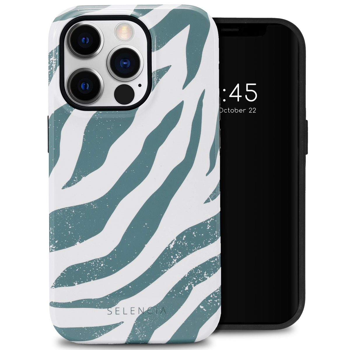 Coque de téléphone à motif zèbre. Blanche avec des rayures zébrées turquoise, un téléphone à côté.