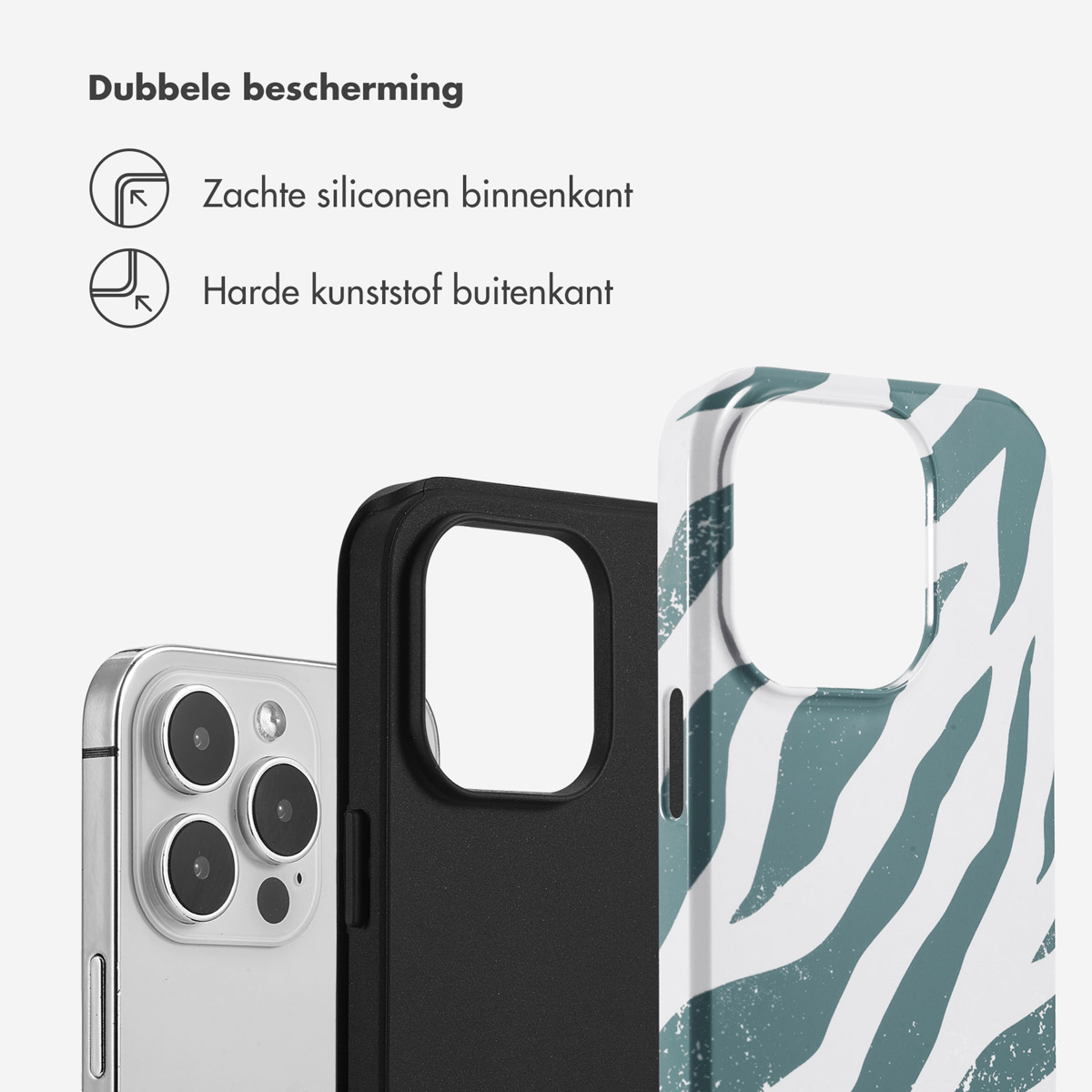 Coque de téléphone noire et blanche, avec un motif zébré teal et un téléphone.