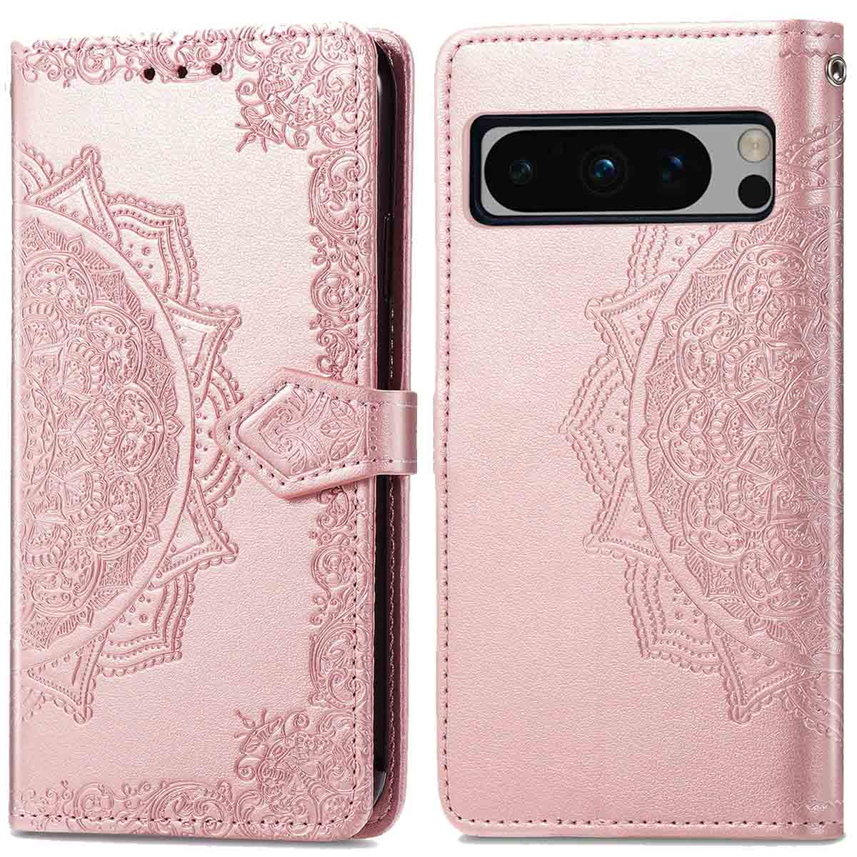 Roze telefoonhoesje met mandala-ontwerp. Open hoesje met telefoon erin. Roze leer.